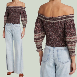 NWT Veronica Beard Off-Shoulder Floral Smocked Blouse in Burgundy Sz M